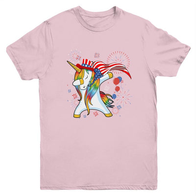 Dabbing Unicorn 4th of July American Flag Girls Youth-Youth Shirt-Youth T-Shirt-Light Pink