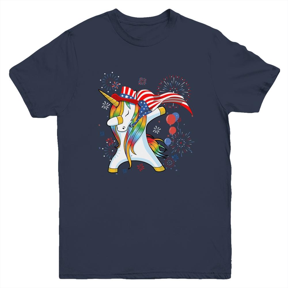 Dabbing Unicorn 4th of July American Flag Girls Youth-Youth Shirt-Youth T-Shirt-Navy