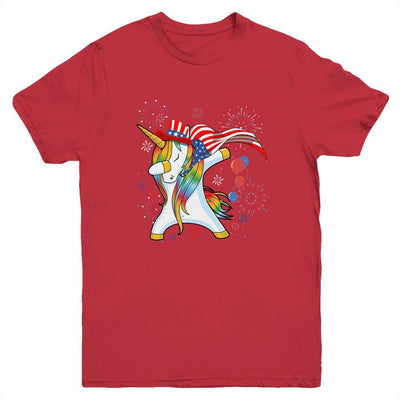 Dabbing Unicorn 4th of July American Flag Girls Youth-Youth Shirt-Youth T-Shirt-Red