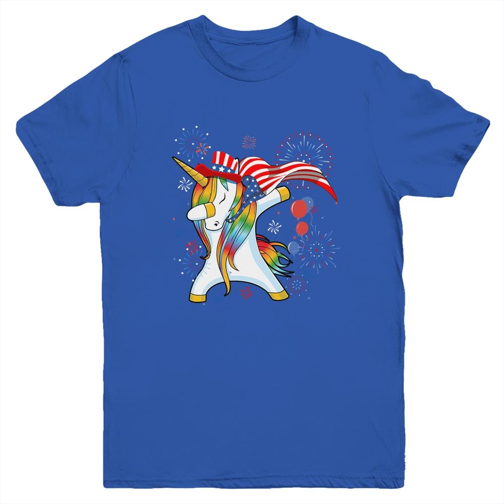 Dabbing Unicorn 4th of July American Flag Girls Youth-Youth Shirt-Youth T-Shirt-Royal