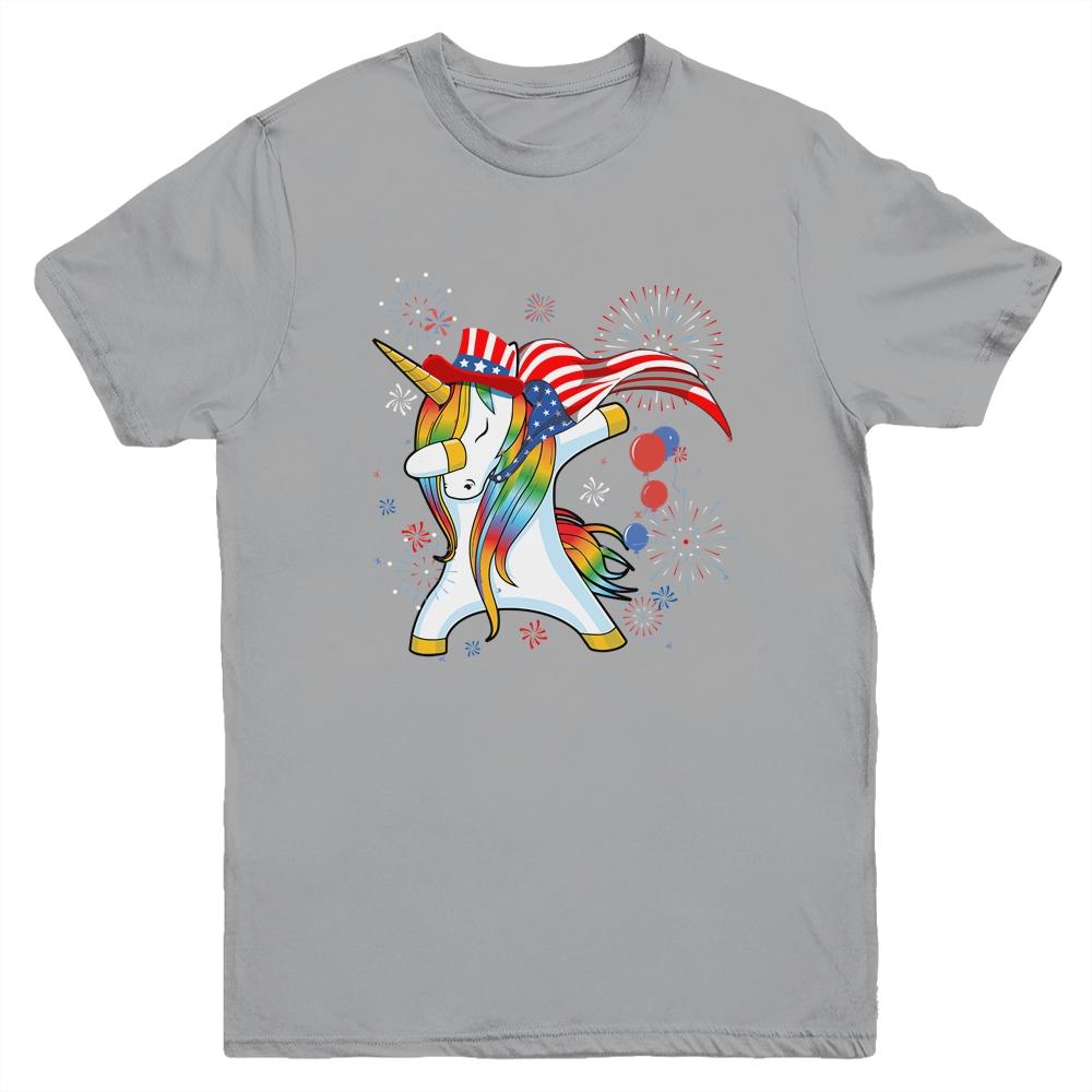 Dabbing Unicorn 4th of July American Flag Girls Youth-Youth Shirt-Youth T-Shirt-Sport Grey
