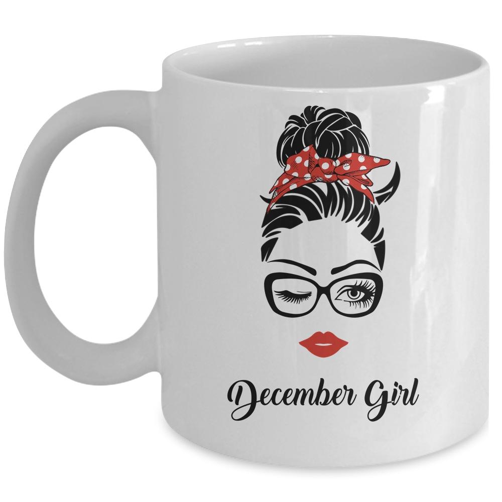 December Girl Woman Face Wink Eyes Lady Face Birthday Gift Mug-Coffee Mug-Mug-White