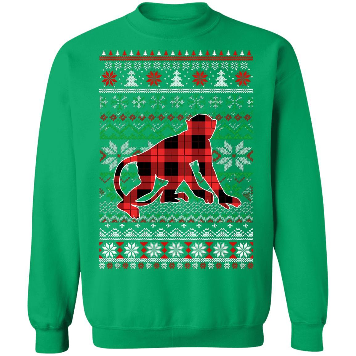 Monkey Red Plaid Ugly Christmas Sweater Funny Gifts-T-Shirt & Sweatshirt-Crewneck Sweatshirt-Irish Green