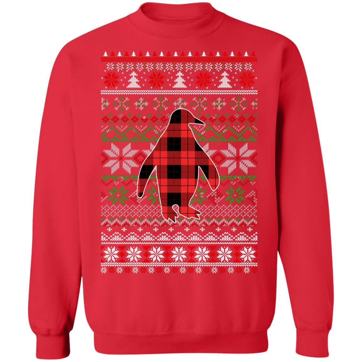 Penguin Red Plaid Ugly Christmas Sweater Funny Gifts-T-Shirt & Sweatshirt-Crewneck Sweatshirt-Red