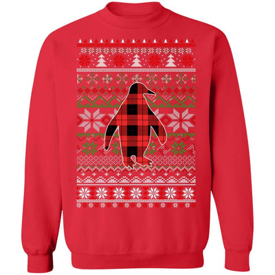 Penguin Red Plaid Ugly Christmas Sweater Funny Gifts-T-Shirt & Sweatshirt-Crewneck Sweatshirt-Red