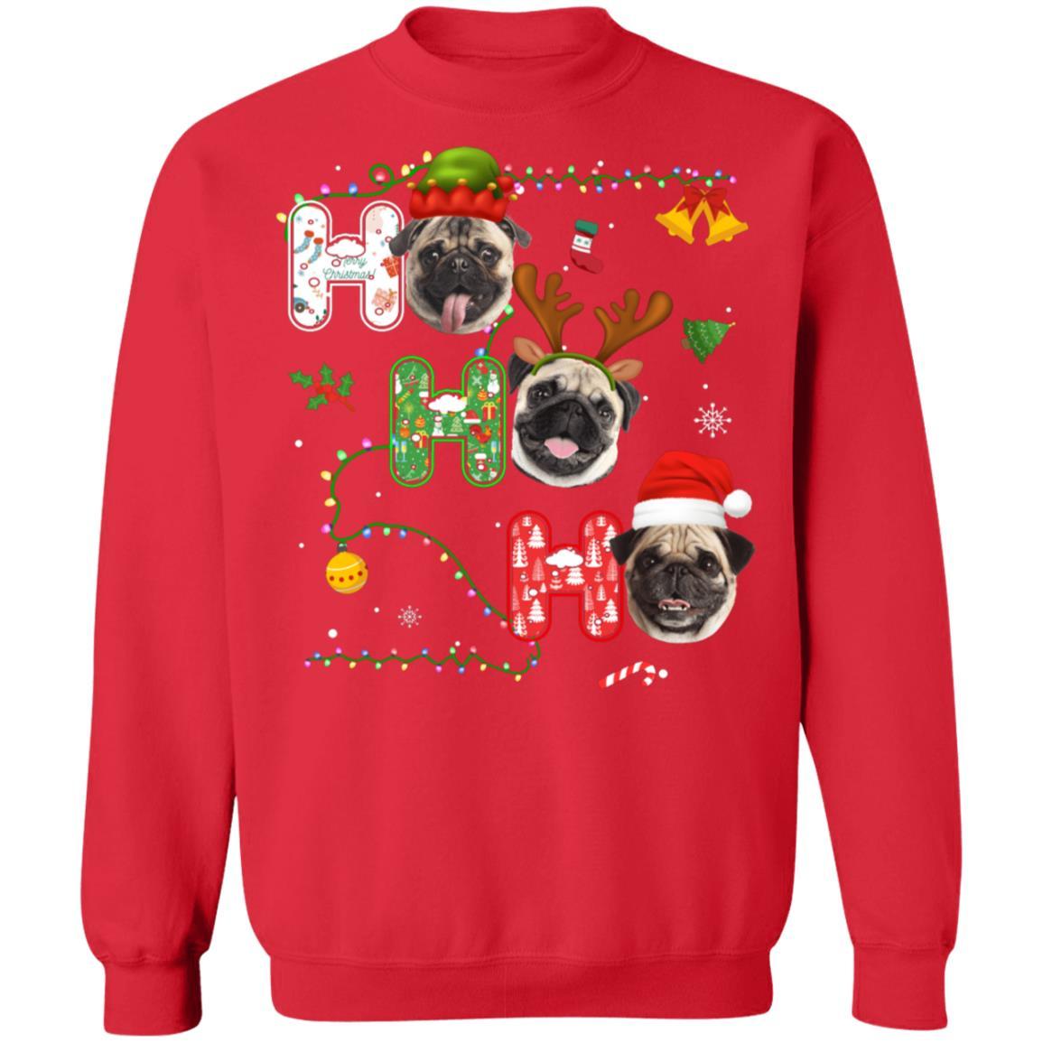 Christmas Ho Ho Ho Pug Lover Funny Xmas Gift-T-Shirt & Sweatshirt-Crewneck Sweatshirt-Red