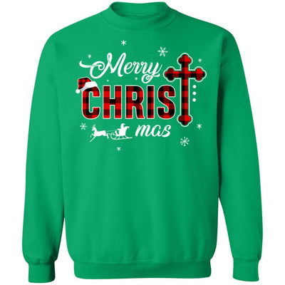 Merry Christmas Buffalo Plaid Cross Xmas Gift-T-Shirt & Sweatshirt-Crewneck Sweatshirt-Irish Green