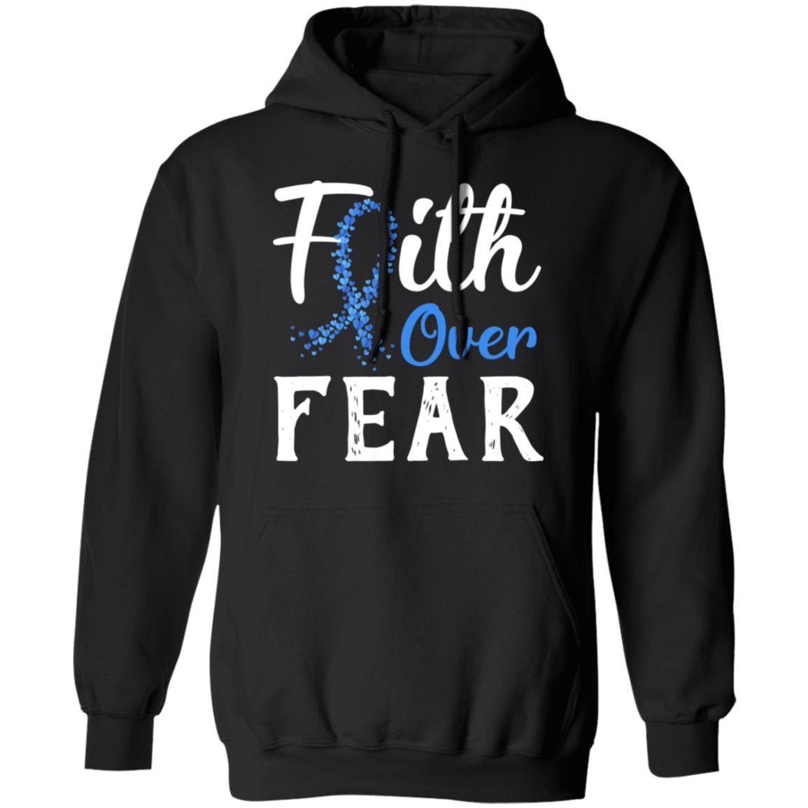 Colon Cancer Awareness Blue Ribbon Faith Over Fear-T-Shirt & Hoodie-Pullover Hoodie-Black