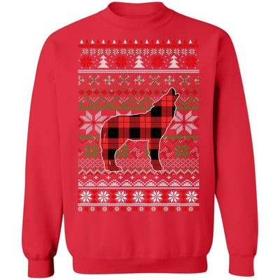 Wolve Red Plaid Ugly Christmas Sweater Funny Gifts-T-Shirt & Sweatshirt-Crewneck Sweatshirt-Red