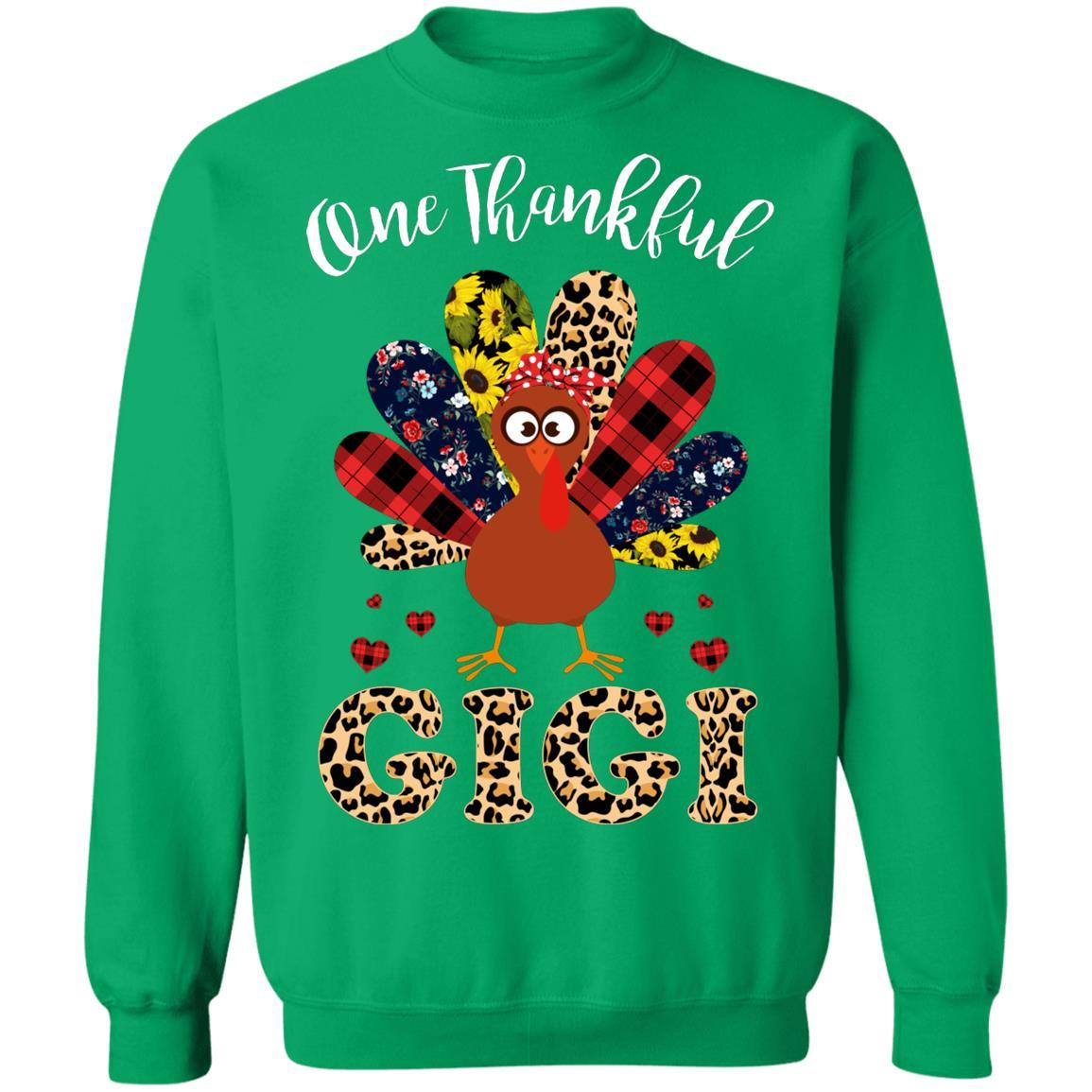 One Thankful Gigi Leopard Turkey Thanksgiving Gift-T-Shirt & Sweatshirt-Crewneck Sweatshirt-Irish Green
