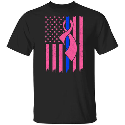 Blue Line Police US Flag Pink Ribbon Breast Cancer Awareness-T-Shirt & Hoodie-Classic T-Shirt-Black