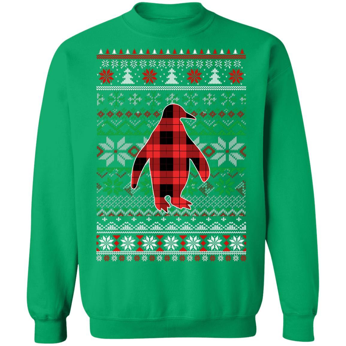 Penguin Red Plaid Ugly Christmas Sweater Funny Gifts-T-Shirt & Sweatshirt-Crewneck Sweatshirt-Irish Green
