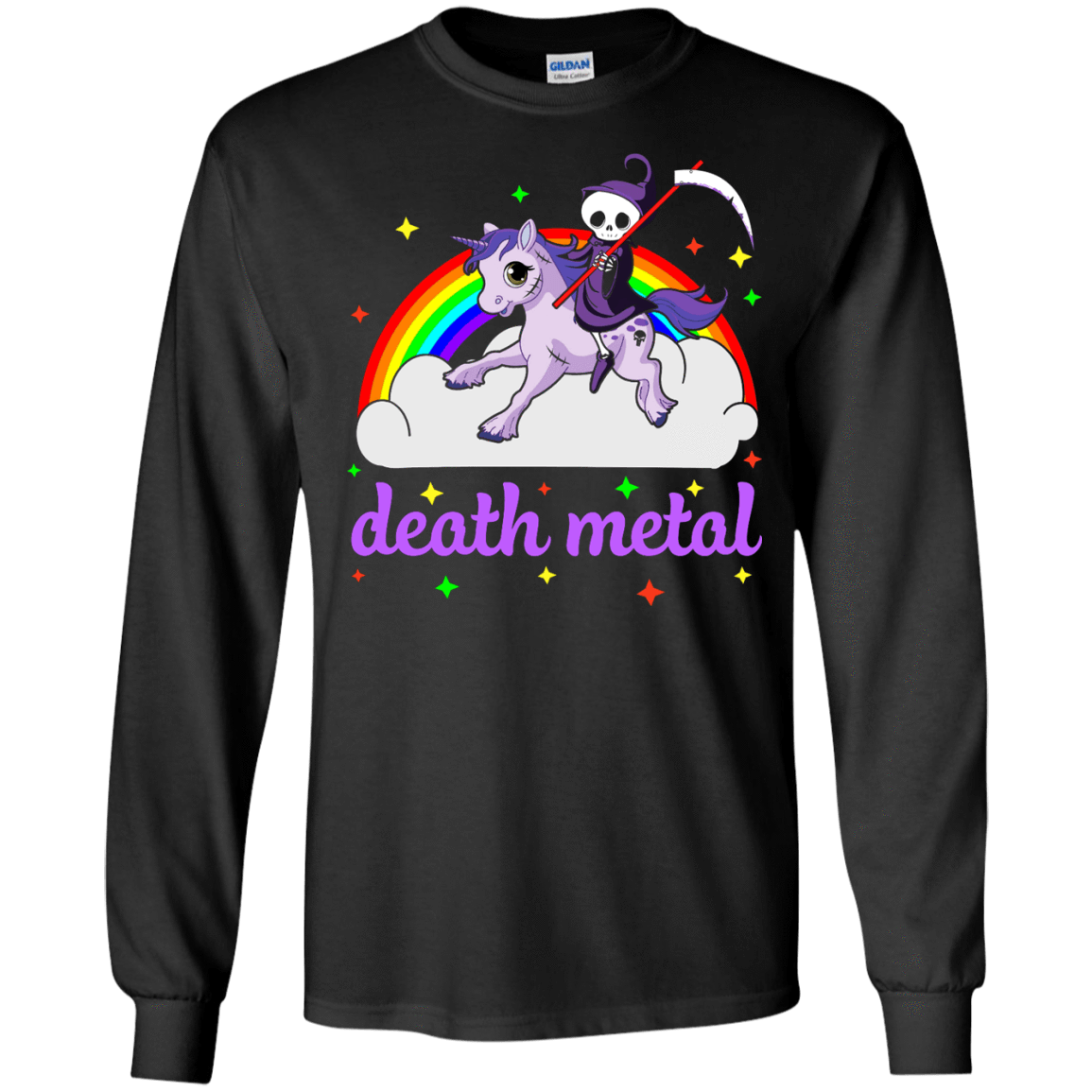 Rainbow Death Metal Rocker Unicorn-T-Shirt & Hoodie-Long Sleeve T-Shirt-Black