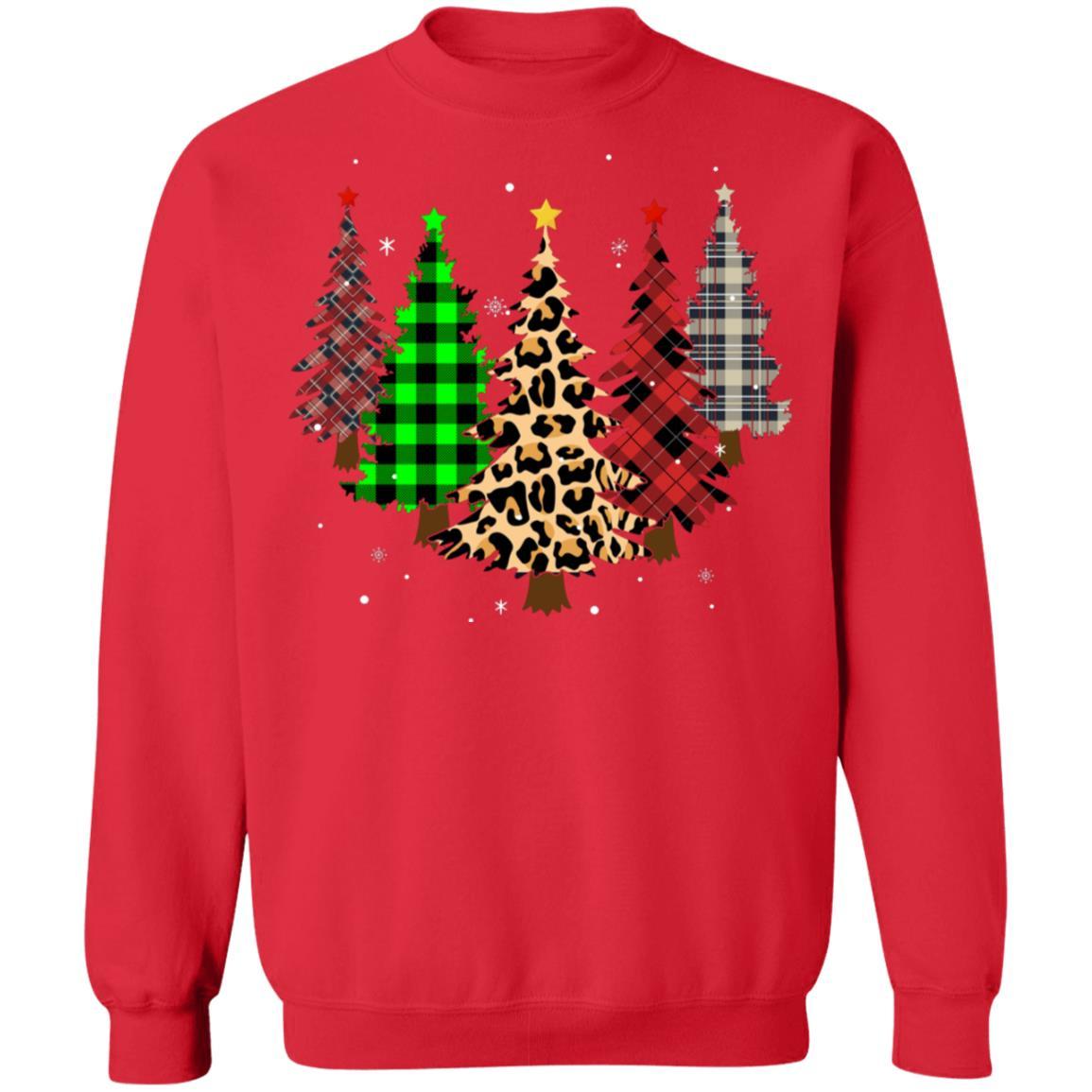 Merry Christmas Tree Leopard Buffalo Plaid Xmas Gifts-T-Shirt & Sweatshirt-Crewneck Sweatshirt-Red