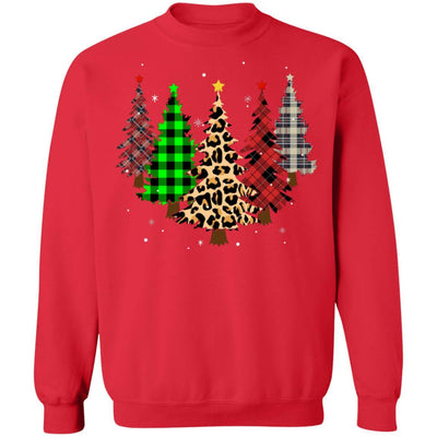 Merry Christmas Tree Leopard Buffalo Plaid Xmas Gifts-T-Shirt & Sweatshirt-Crewneck Sweatshirt-Red
