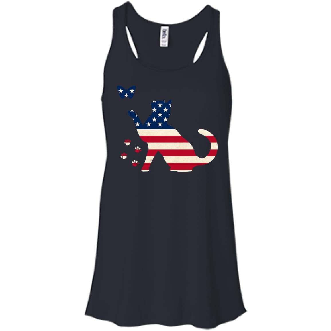 Meowica Cat American Flag 4th of July-T-Shirt & Hoodie-Women's Flowy Racerback Tank-Midnight