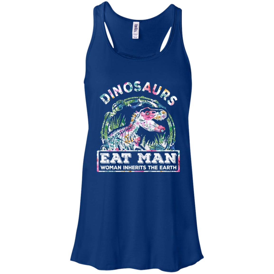 Funny Dinosaurs Eat Man Woman Inherits The Earth-T-Shirt & Tank Top-Women's Flowy Racerback Tank-True Royal