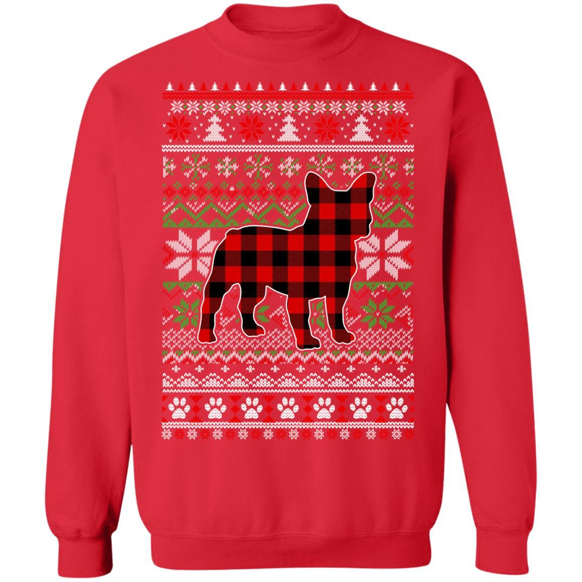 French Bulldog Red Plaid Ugly Christmas Sweater Gifts-T-Shirt & Sweatshirt-Crewneck Sweatshirt-Red