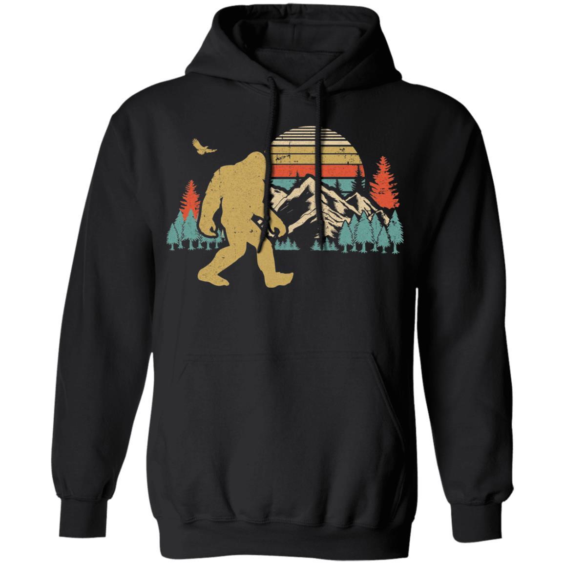Vintage Retro Bigfoot Silhouette Mountain Sun Believe-T-Shirt & Hoodie-Pullover Hoodie-Black