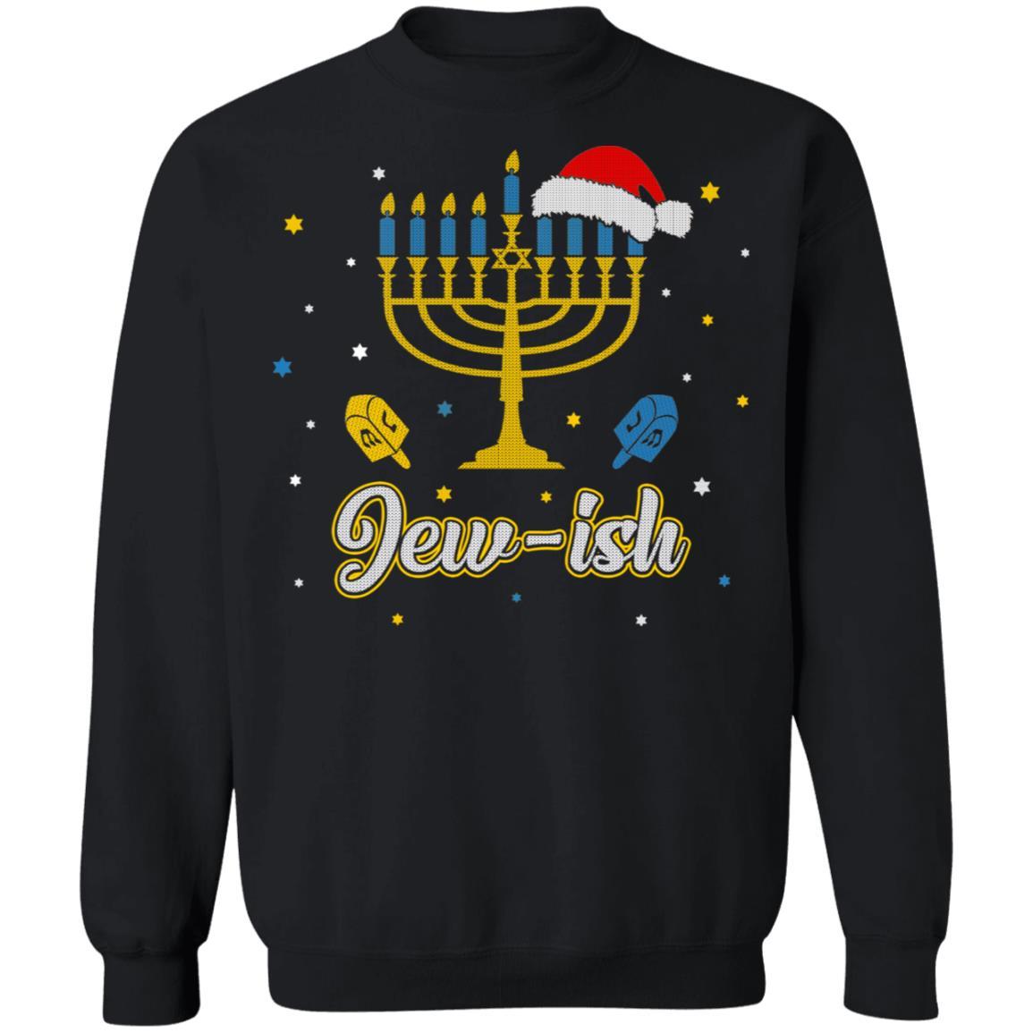Christmas Ugly Hanukkah Sweater menorah Santa hat Jew-ish-T-Shirt & Sweatshirt-Crewneck Sweatshirt-Black