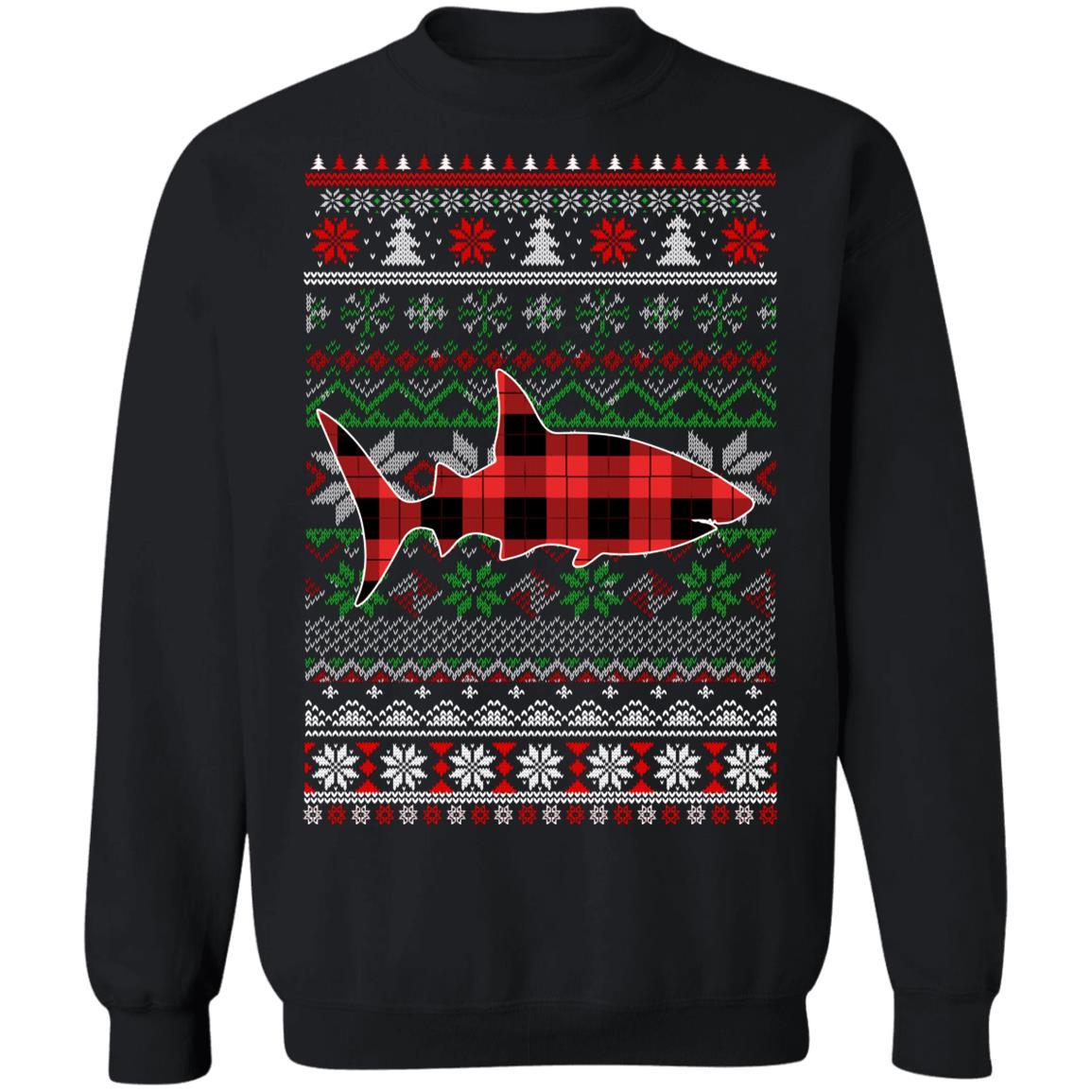 Shark Red Plaid Ugly Christmas Sweater Funny Gifts-T-Shirt & Sweatshirt-Crewneck Sweatshirt-Black