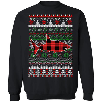 Shark Red Plaid Ugly Christmas Sweater Funny Gifts-T-Shirt & Sweatshirt-Crewneck Sweatshirt-Black
