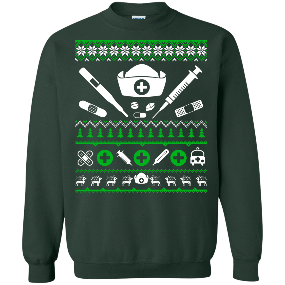 Nurse Christmas Sweater-T-Shirt & Hoodie-Crewneck Sweatshirt-Forest Green