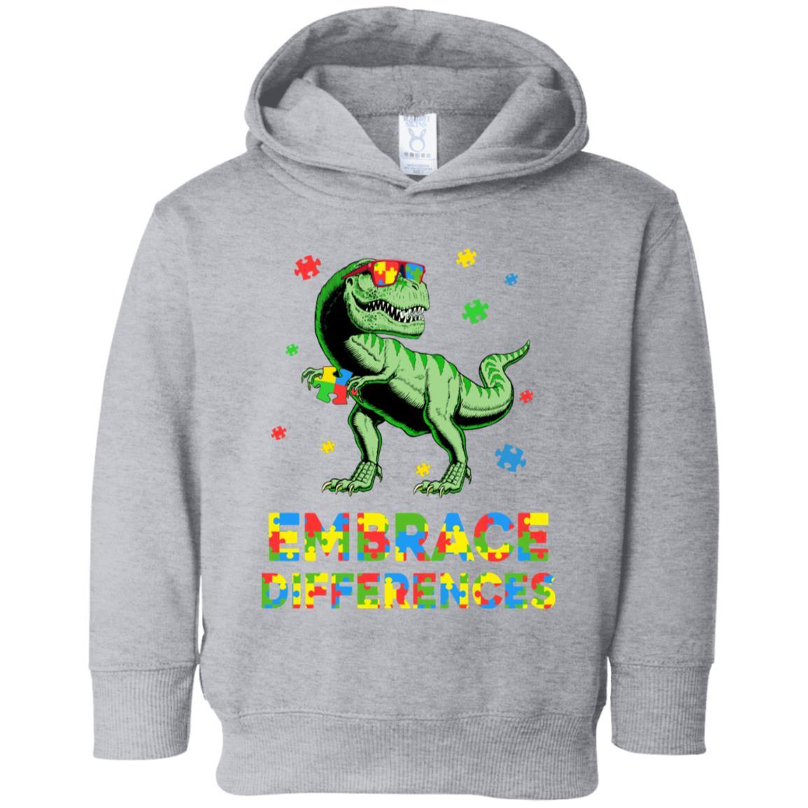 Dinosaur Puzzle Autism Awareness Embrace Differences Youth-Youth Shirt-Toddler Fleece Hoodie-Heather Grey