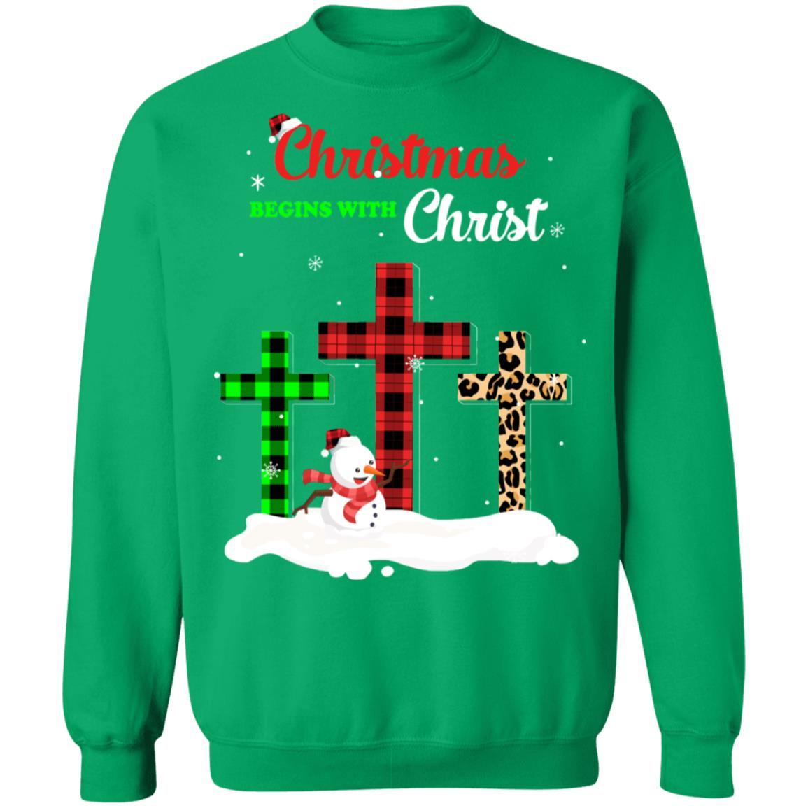 Christmas Begins With Christ Cross Buffalo Plaid Xmas Gift-T-Shirt & Sweatshirt-Crewneck Sweatshirt-Irish Green
