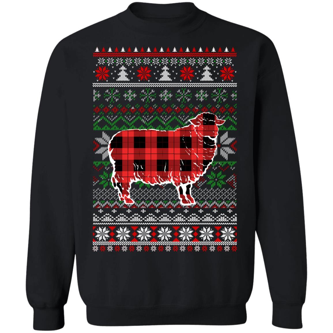 Sheep Red Plaid Ugly Christmas Sweater Funny Gifts-T-Shirt & Sweatshirt-Crewneck Sweatshirt-Black