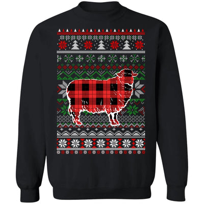 Sheep Red Plaid Ugly Christmas Sweater Funny Gifts-T-Shirt & Sweatshirt-Crewneck Sweatshirt-Black