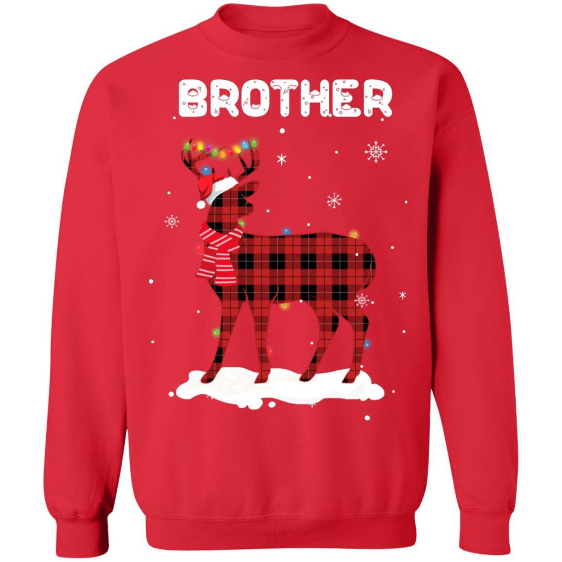 Brother Deer Red Plaid Christmas Family Matching Pajamas-T-Shirt & Sweatshirt-Crewneck Sweatshirt-Red