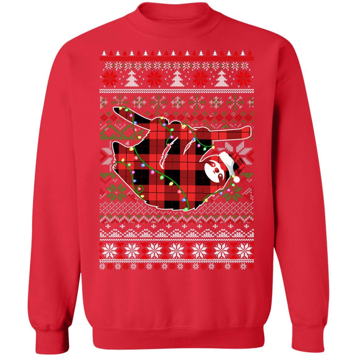 Red Plaid Buffalo Sloth Pajamas Family Christmas Sweater-T-Shirt & Sweatshirt-Crewneck Sweatshirt-Red