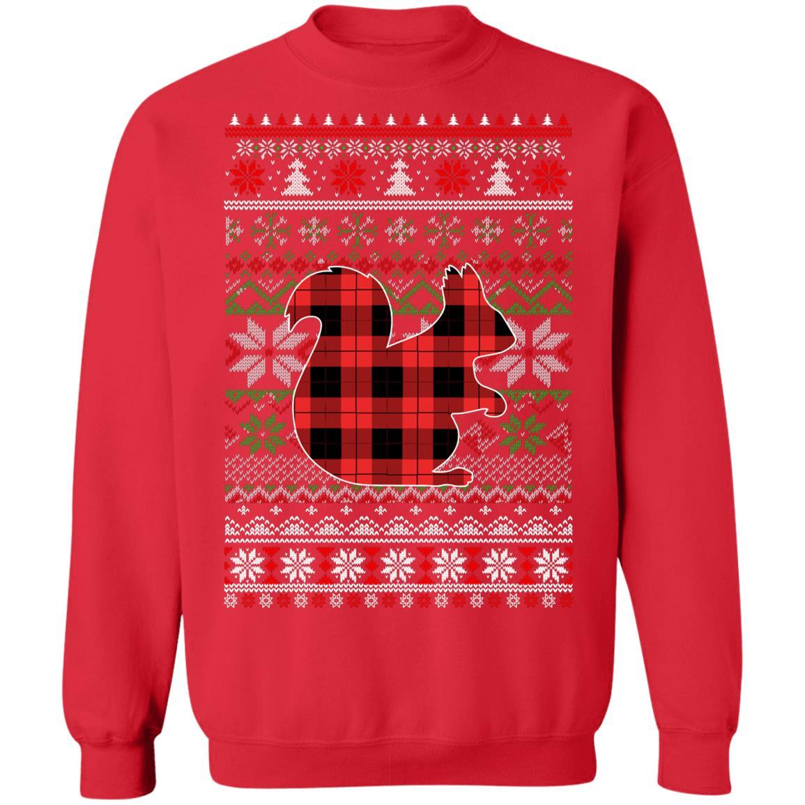 Squirrel Red Plaid Ugly Christmas Sweater Funny Gifts-T-Shirt & Sweatshirt-Crewneck Sweatshirt-Red