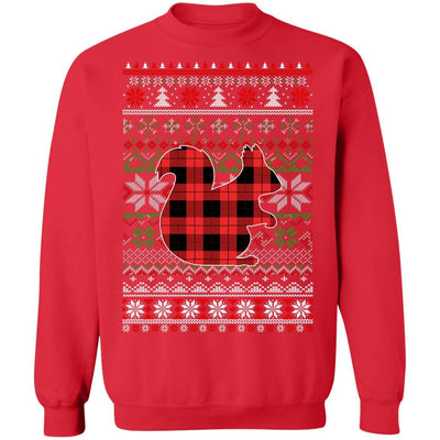 Squirrel Red Plaid Ugly Christmas Sweater Funny Gifts-T-Shirt & Sweatshirt-Crewneck Sweatshirt-Red