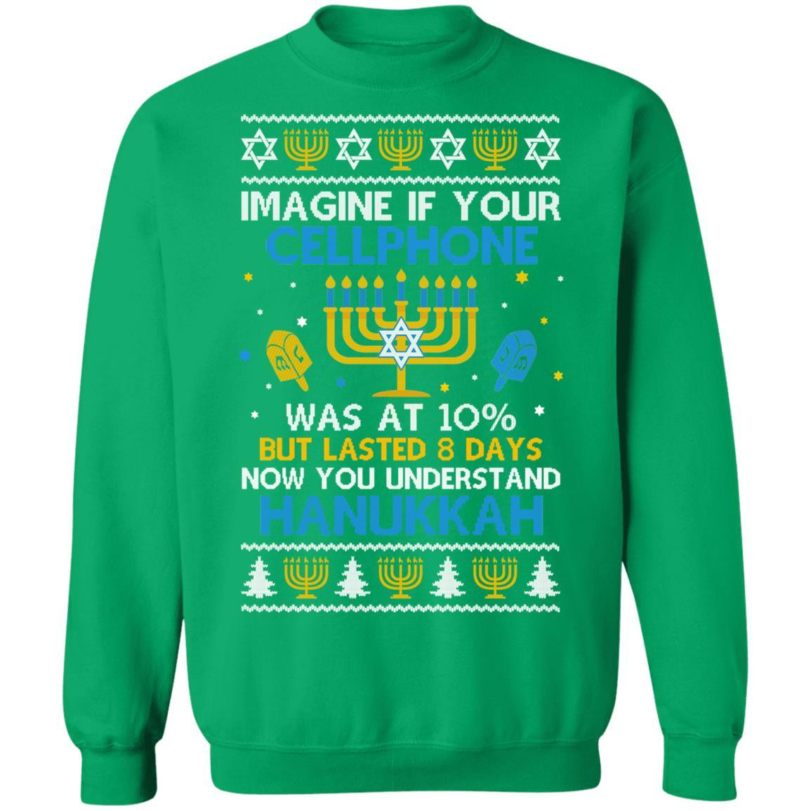 Funny Hanukkah Chanukah Cellphone Menorah Ugly Sweater-T-Shirt & Sweatshirt-Crewneck Sweatshirt-Irish Green