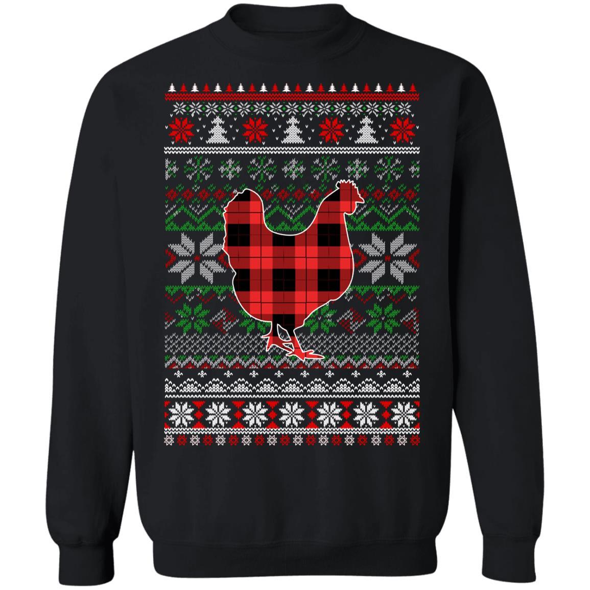 Chicken Red Plaid Ugly Christmas Sweater Funny Gifts-T-Shirt & Sweatshirt-Crewneck Sweatshirt-Black