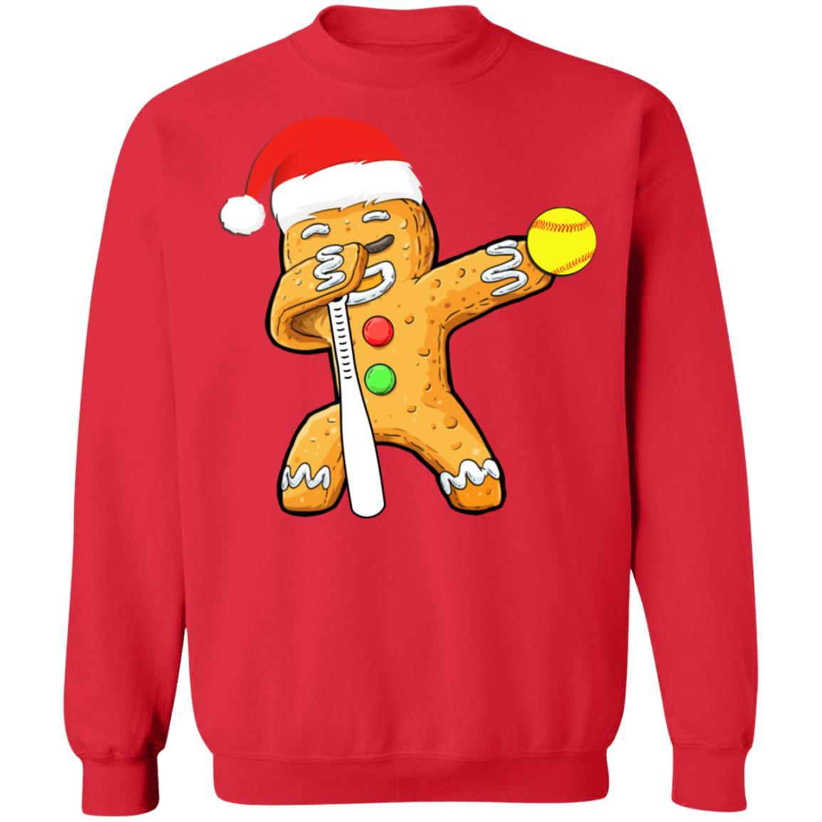 Dabbing Gingerbread Santa Softball Christmas Pajama Gifts-T-Shirt & Sweatshirt-Crewneck Sweatshirt-Red
