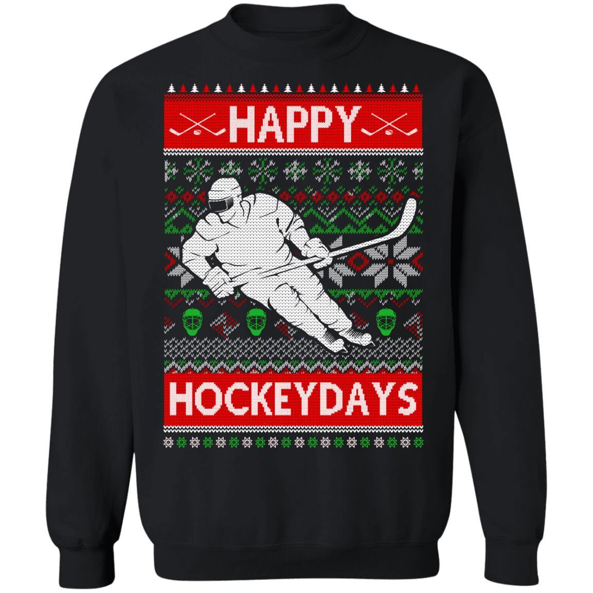 Happy Hockeydays Ice Hockey Christmas Ugly Xmas Pajamas-T-Shirt & Sweatshirt-Crewneck Sweatshirt-Black