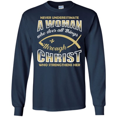 Who Does All Things Through Christ Who Strengthens Her-T-Shirt & Hoodie-Long Sleeve T-Shirt-Navy
