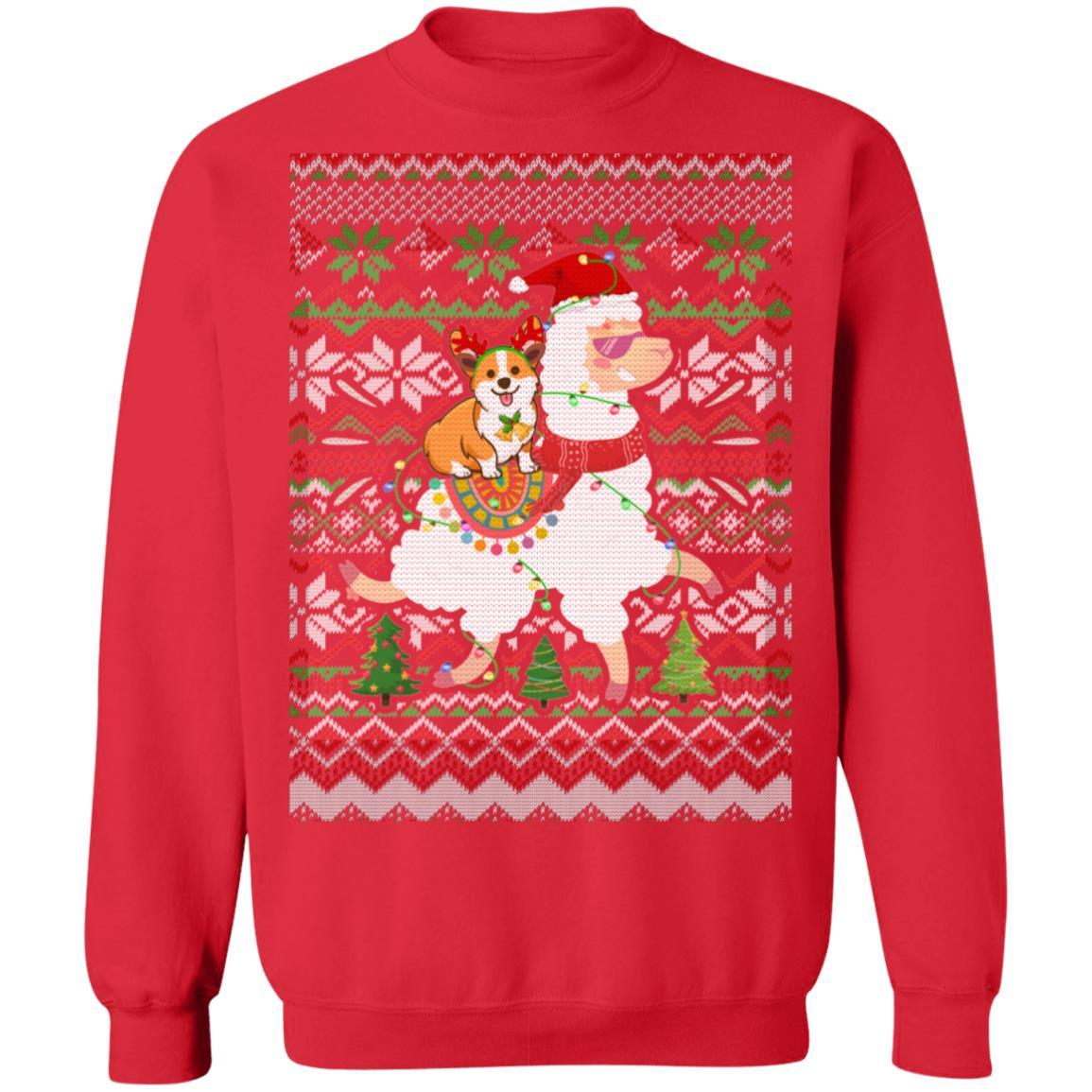 Funny Corgi Riding Llama Ugly Christmas Sweater Gifts-T-Shirt & Sweatshirt-Crewneck Sweatshirt-Red