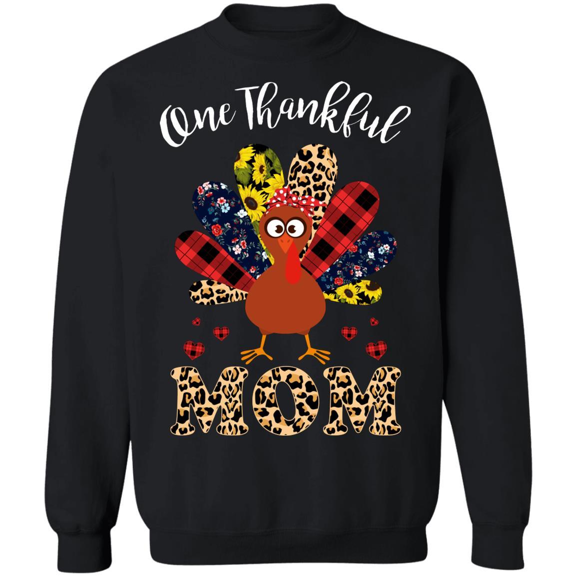 One Thankful Mom Leopard Turkey Thanksgiving Gift-T-Shirt & Sweatshirt-Crewneck Sweatshirt-Black