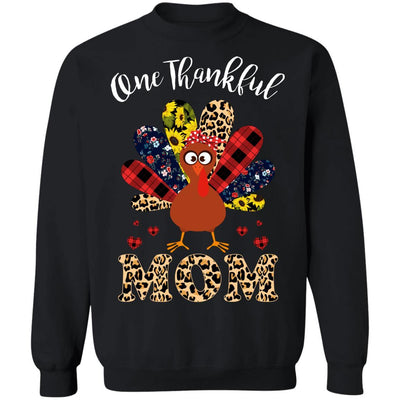 One Thankful Mom Leopard Turkey Thanksgiving Gift-T-Shirt & Sweatshirt-Crewneck Sweatshirt-Black