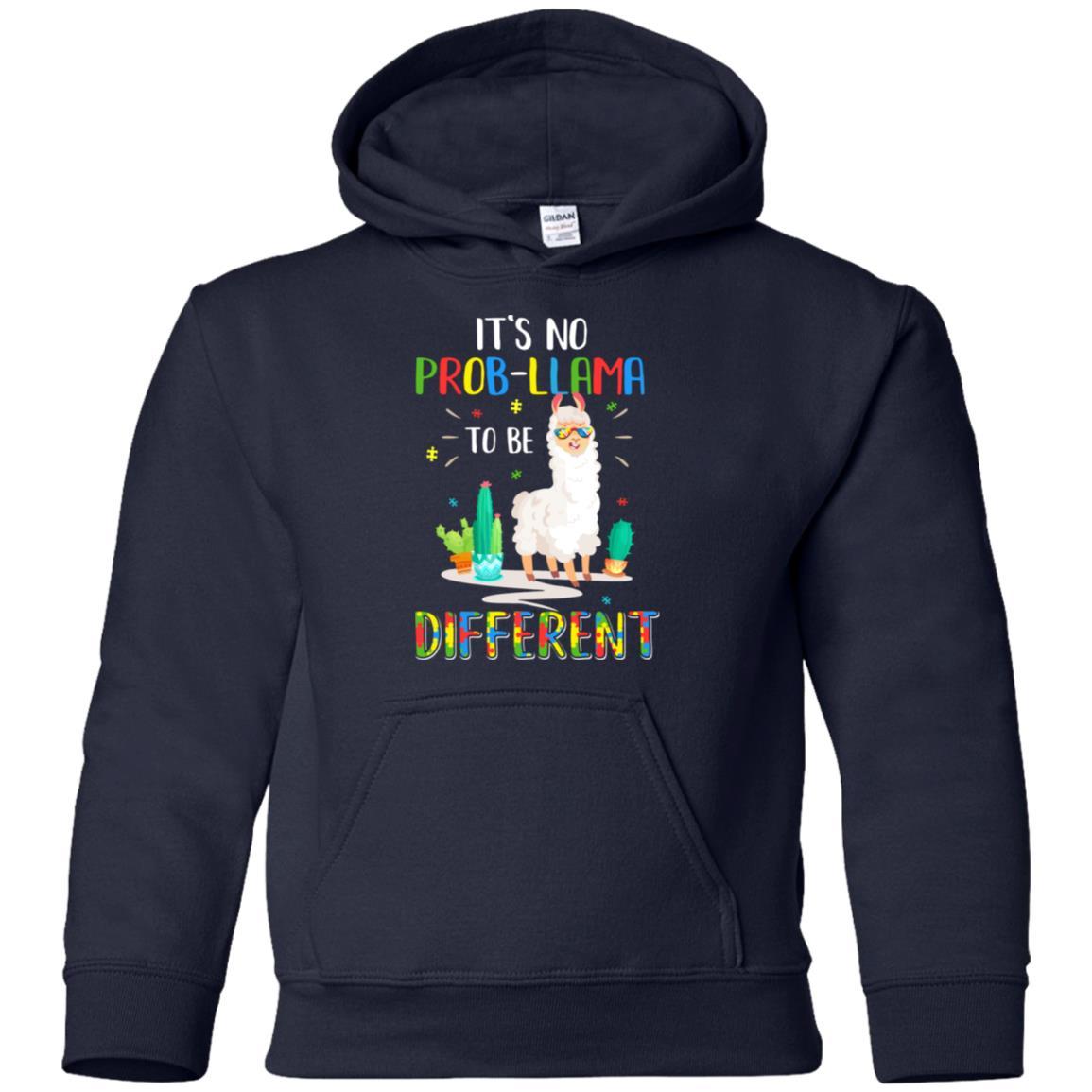 No Prob Llama To Be Different Llama Autism Awareness Gift Youth-Youth Shirt-Youth Pullover Hoodie-Navy