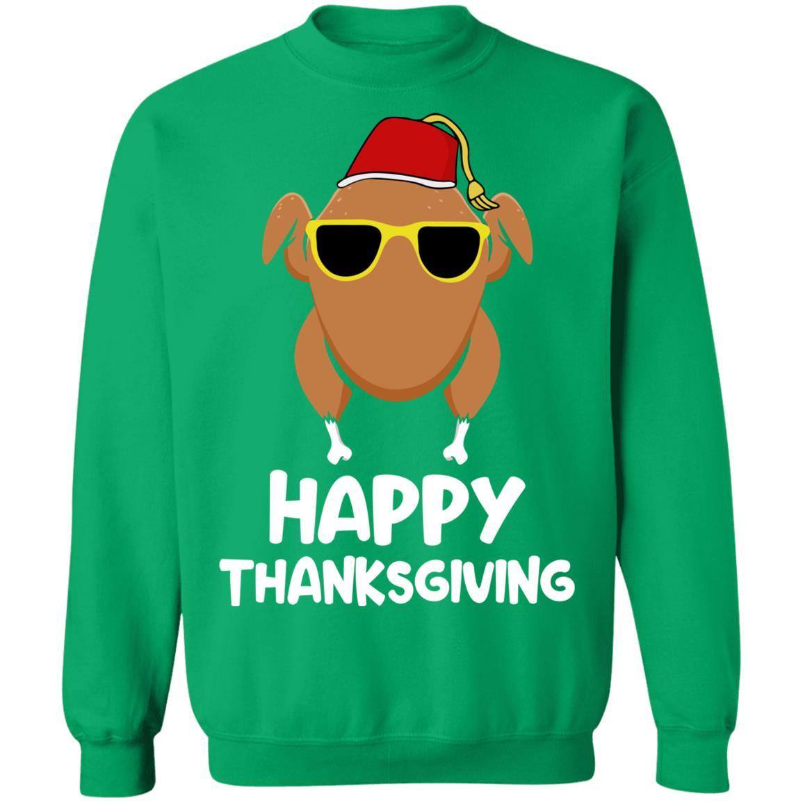 Turkey Head Happy Thanksgiving Glasses Red Hat Funny-T-Shirt & Sweatshirt-Crewneck Sweatshirt-Irish Green