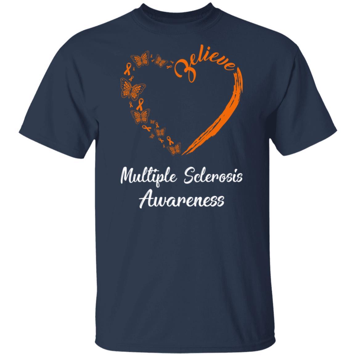 Butterfly Believe Multiple Sclerosis Awareness Ribbon Gifts-T-Shirt & Hoodie-Classic T-Shirt-Navy
