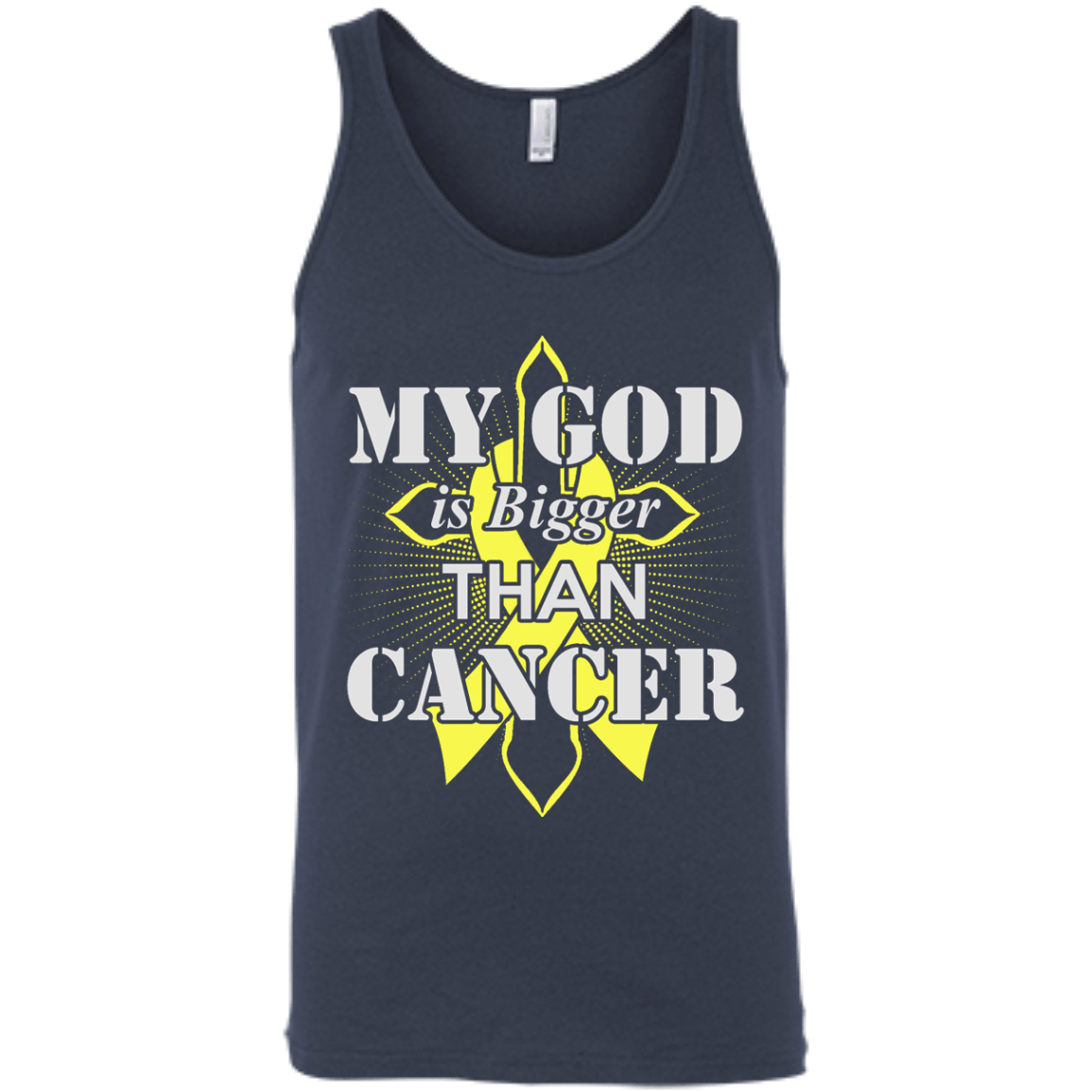 My God Is Bigger Than Cancer Yellow Awareness Ribbon-T-Shirt & Hoodie-Unisex Tank-Navy