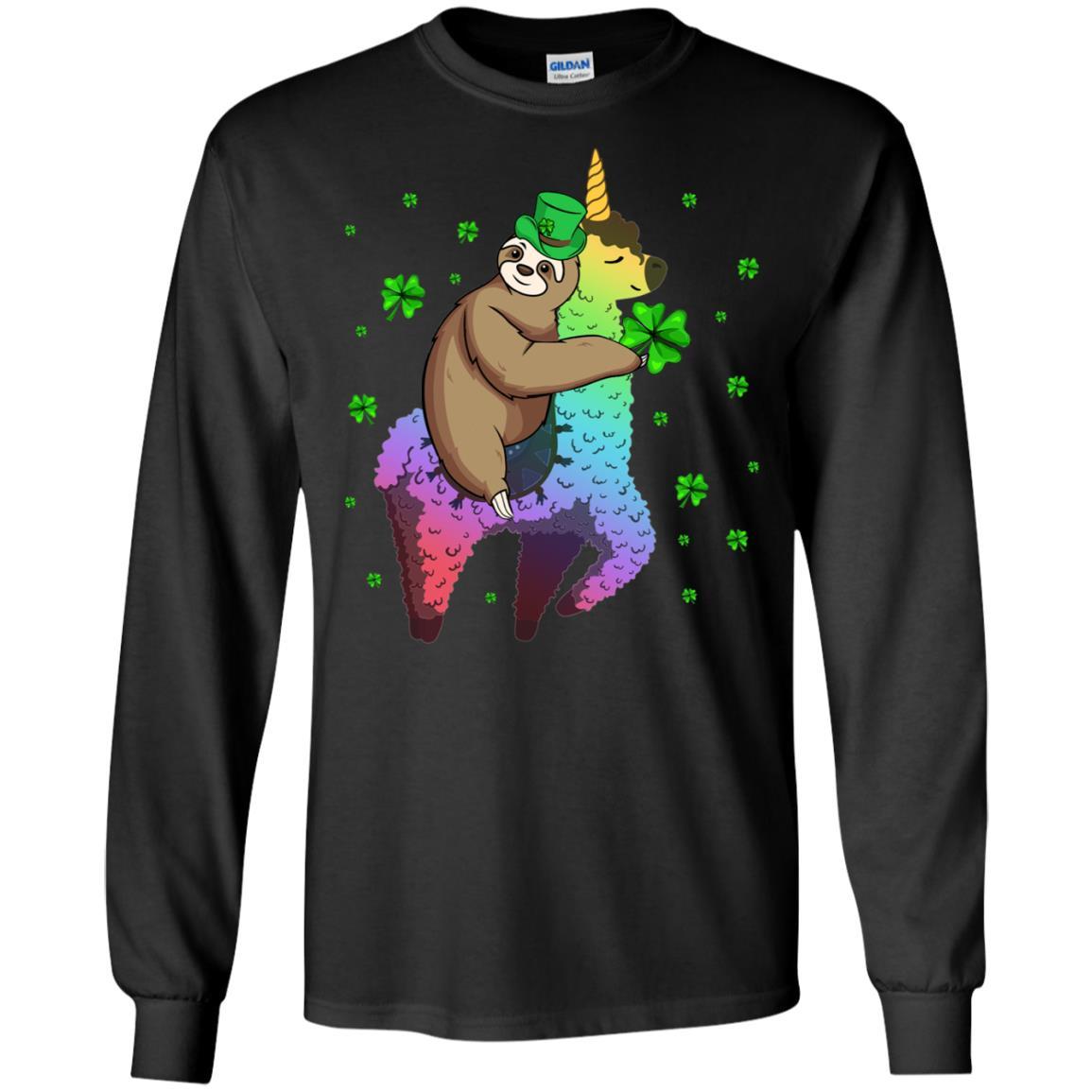 Leprechaun Sloth Riding Llama Unicorn St Patricks Day-T-Shirt & Hoodie-Long Sleeve T-Shirt-Black