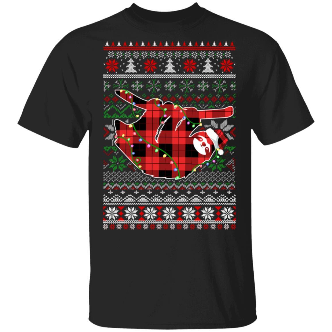 Red Plaid Buffalo Sloth Pajamas Family Christmas Sweater-T-Shirt & Sweatshirt-Classic T-Shirt-Black