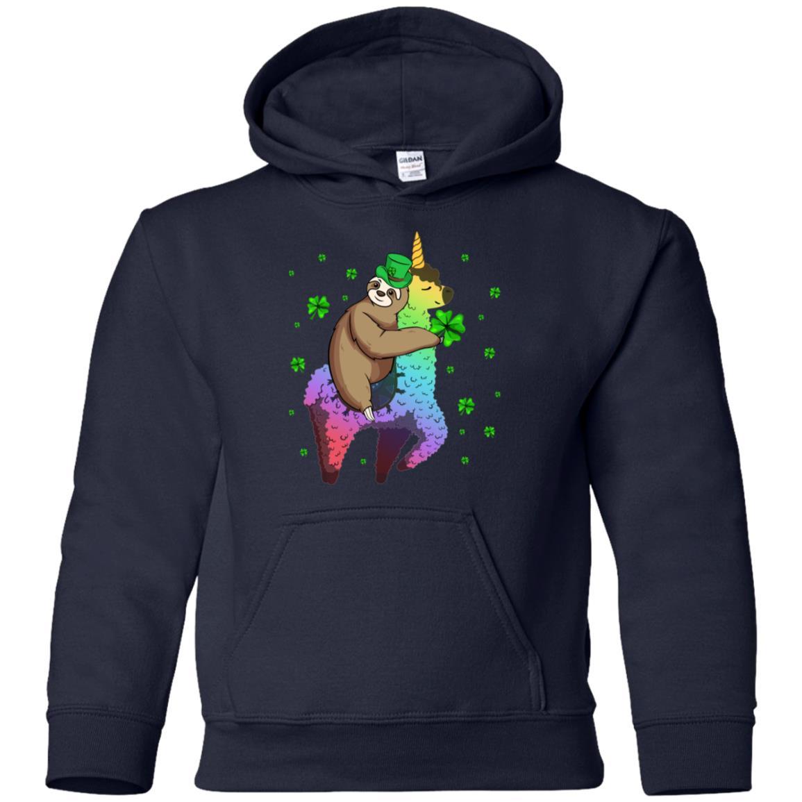Leprechaun Sloth Riding Llama Unicorn St Patricks Day Youth-Youth Shirt-Youth Pullover Hoodie-Navy